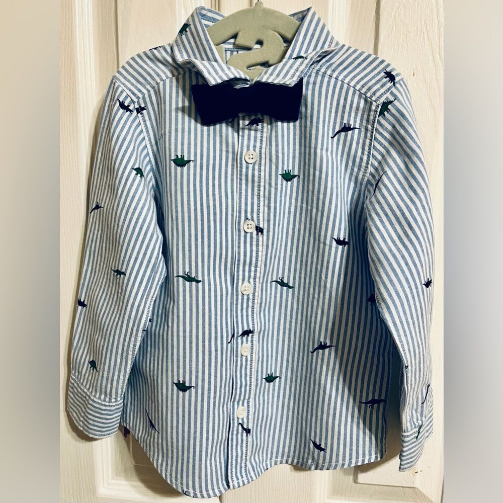 Old Navy Blue Striped Dino Dress Button Up Shirt Long Sleeve & Tie 3T Boys NWOT